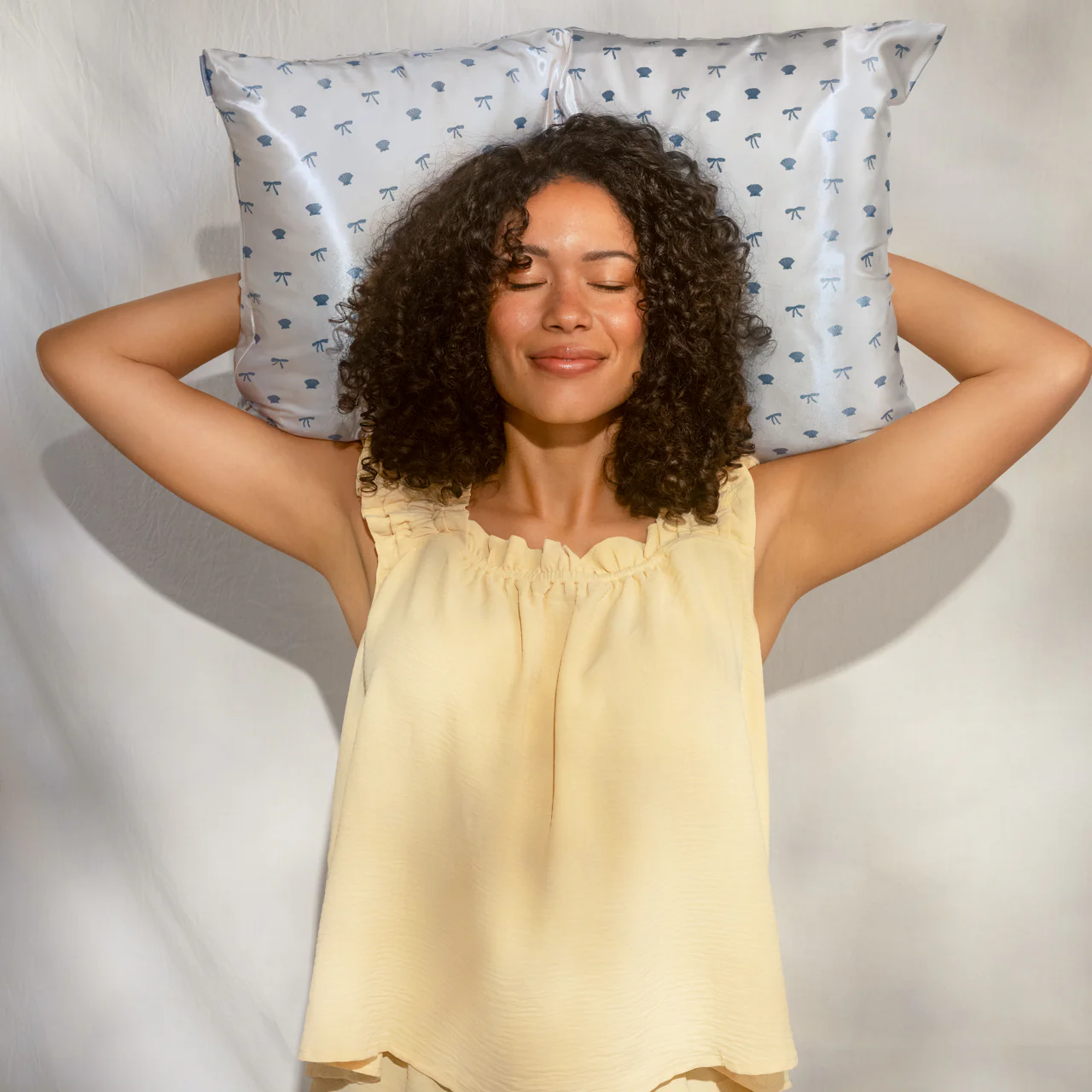 Satin Pillowcase in Pearlized Cream & Coastal Blue Print - Image 3